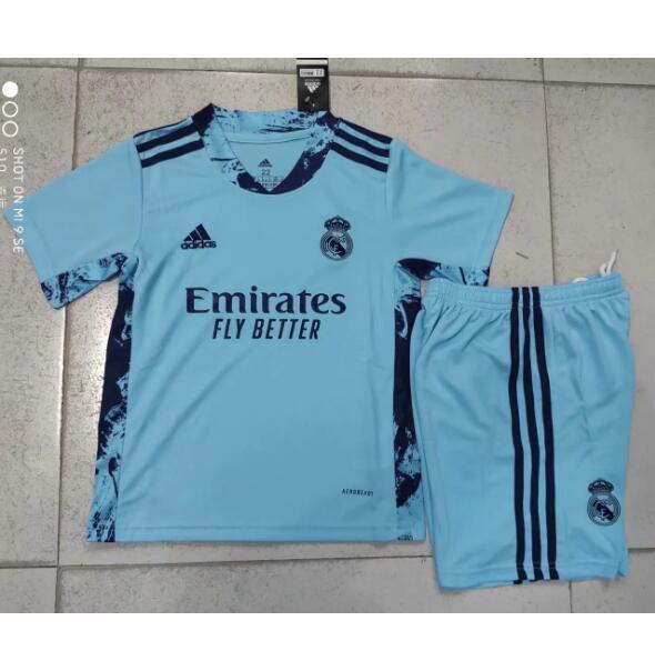 Real Madrid Kids Blue Goalkeeper Soccer Kits Shirt With Shorts 2020/21